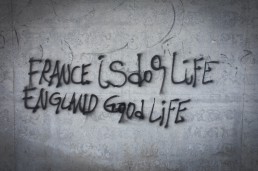 France is dog life, England good life graffiti, Calais, France. June 2015